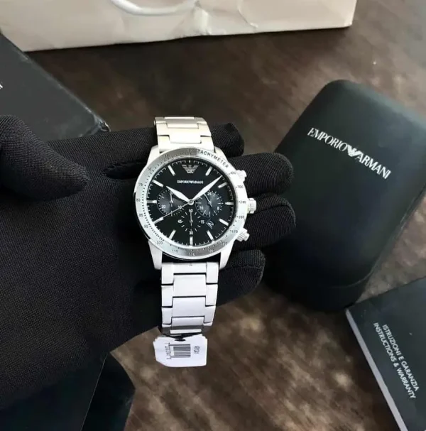 Emporio Armani AR11241 Mario Silver Watch Tachymeter Chronograph 50M WR