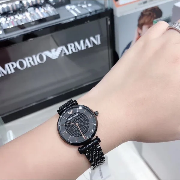 7-6 Emporio Armani AR11245 Black Crystal Gianni T-Bar Watch with Rose Gold Stainless Steel