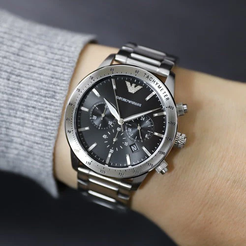 Emporio Armani AR11241 Mario Silver Watch Tachymeter Chronograph 50M WR