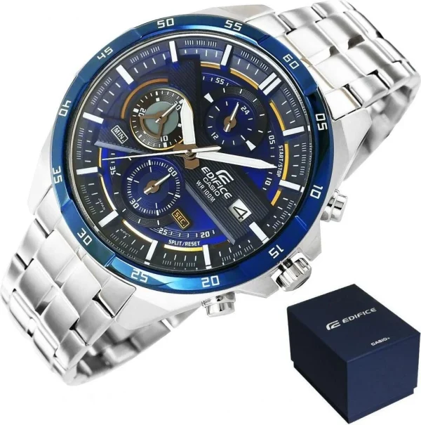 CASIO EFR-556D-2AV Men's Chronograph Watch Sporty Elegance, Silver Gold-Blue Trim